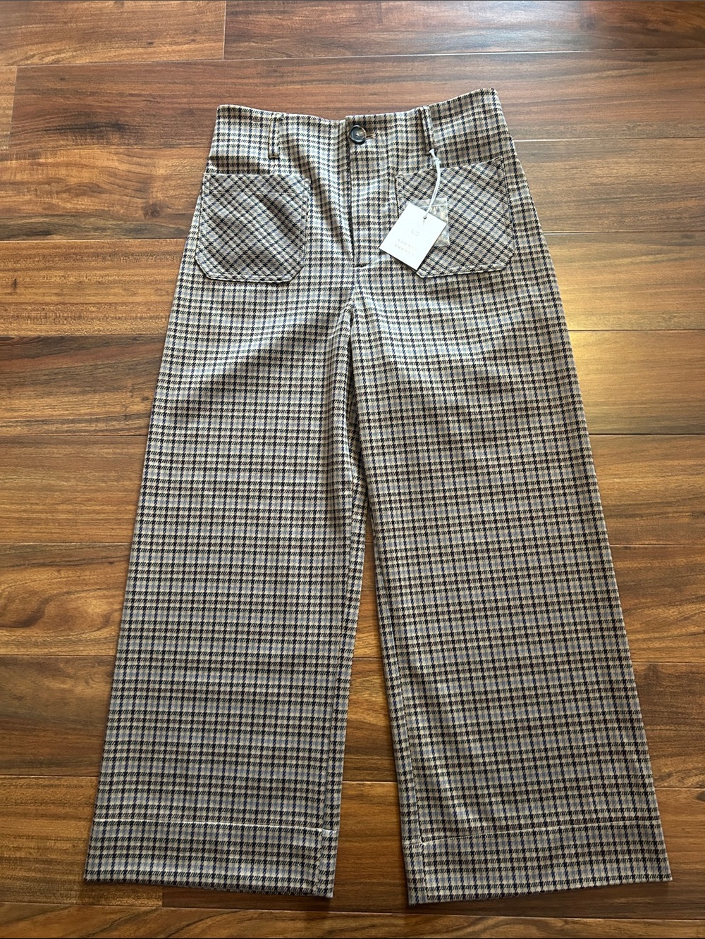 LC Lauren Conrad Tan and Navy Plaid High-Waist Wide-Leg Trousers